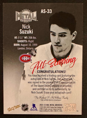 2022-23 Metal Universe Nick Suzuki All-Starring Auto /25 back